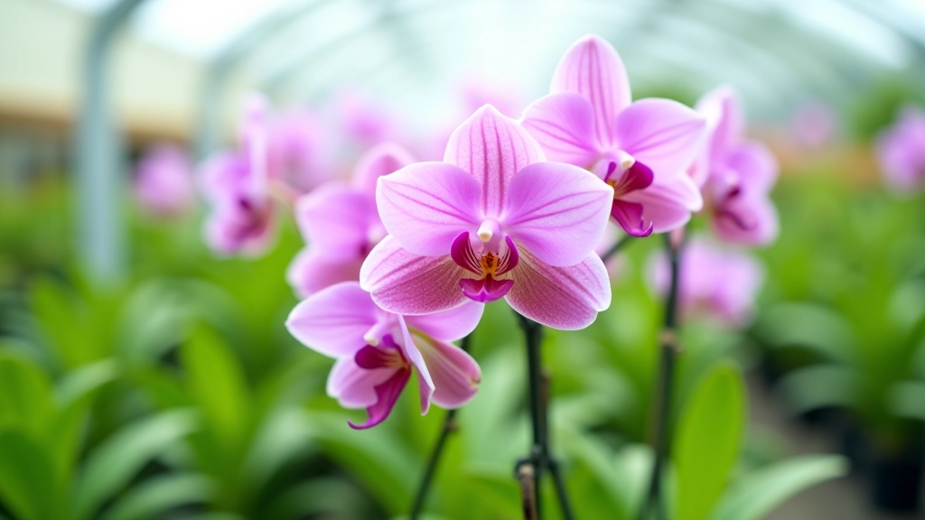 Skaista orķideja ar violetiem ziediem siltumnīcā, dekoratīvs stāvs, delikatnie lapas