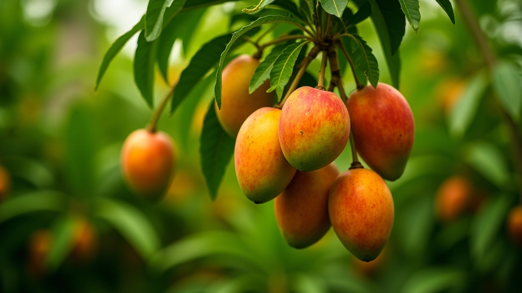 Mango koks ar dažādiem mango augļiem, oranžkrāsas un sarkani augļi, tropiskais auglis siltumnīcā